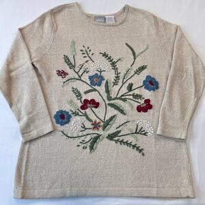 Blair women’s size medium Vintage Embroidered Floral Flower Sweater Beige